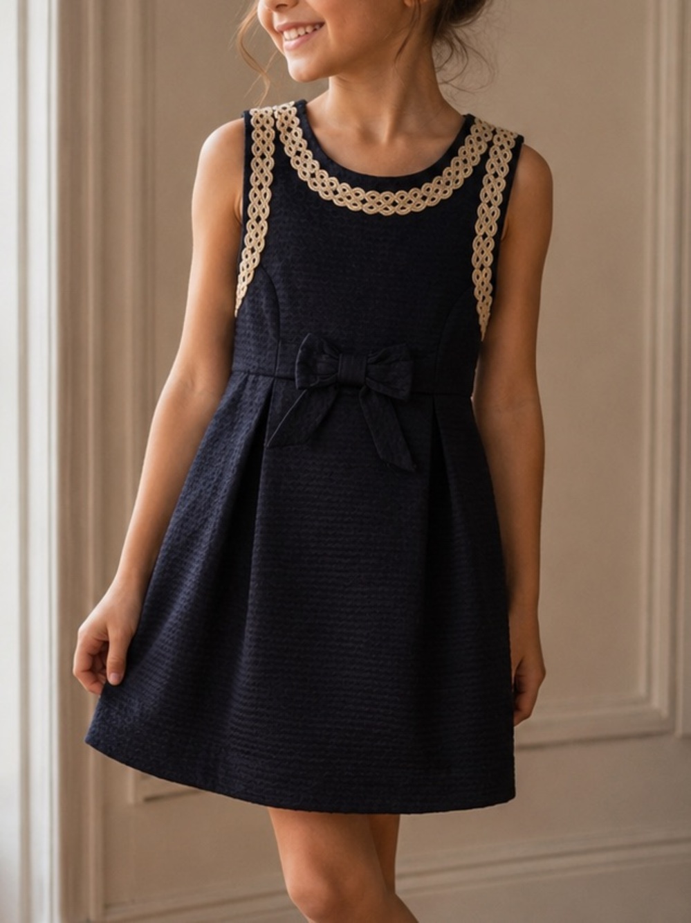 Lilly Pulitzer Navy Dress Gold Scalloped Trim Waist Bow Nautical Classic Preppy